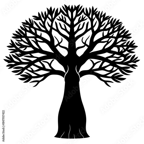A black tree silhouette vector with roots and branches features detailed leaves and a sturdy trunk to represent nature and the cycle of life through every forest season from spring to winter