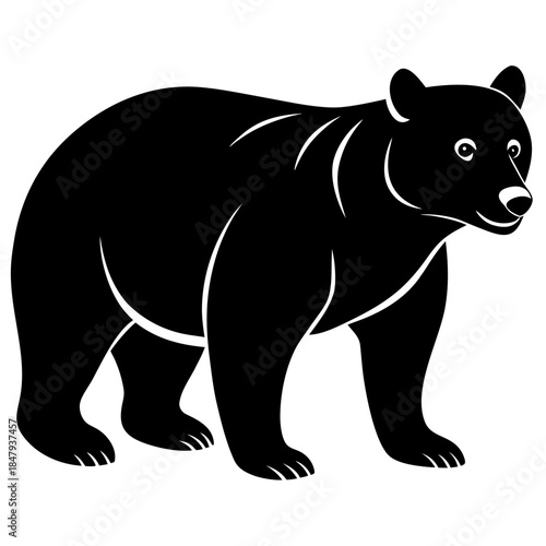 A cute black bear cub illustrated as a simple black vector drawing