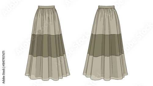 Stylish Tiered Maxi Skirt Design Fashion Illustration with Pleated Waistline and Subtle Color Blocking
