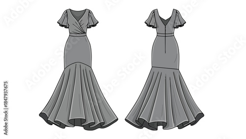 Elegant Fishtail Gown Technical Drawing Front and Back Views for Fashion Design Illustration