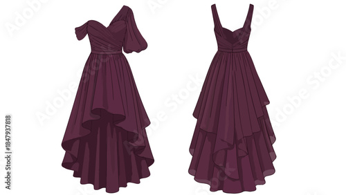 Elegant plum-colored asymmetric layered hem evening gown with dramatic puffed sleeve and strapped back view
