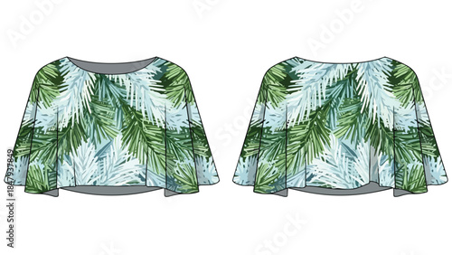 Exquisite botanical pattern on a flared cropped top design showcasing vibrant green and cool blue pine needle motifs