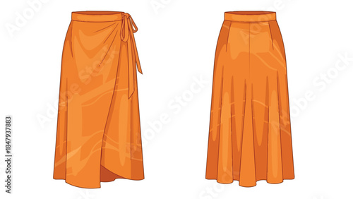Vector Illustration of Two Elegant Orange Flowing Maxi Skirts One Wrap Style and One Pleated for Fashion Design Purposes