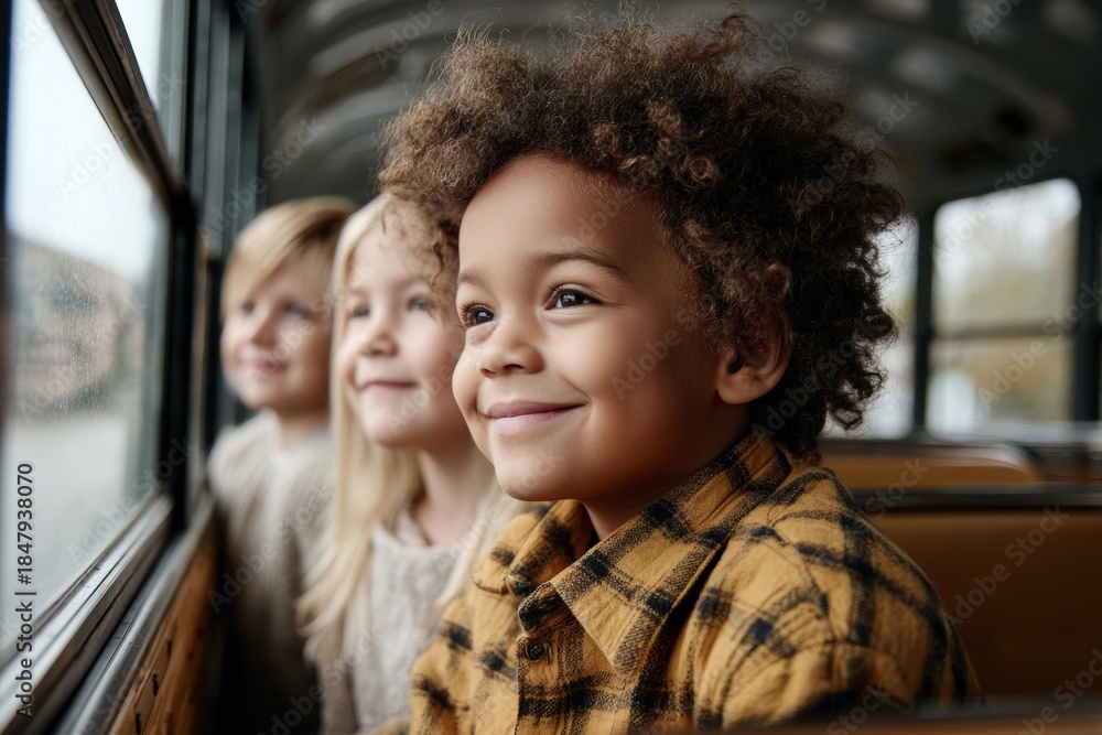 Fototapeta premium Kids sitting inside a school bus looking out the window bus