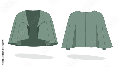 Elegant Flat Design Illustration of a Short Capelet Jacket Front and Back Views in Sage Green