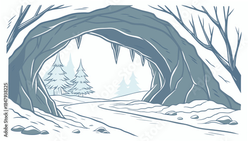 Winter cave entrance in snowy forest