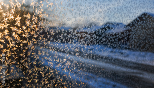 Close-up of intricate frost patterns on a window pane, illuminated by golden sunlight with a blurred winter landscape in the background.