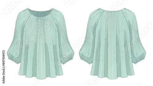 Elegant Mint Green Pleated Blouse Design: Front and Back Views Illustrating Flowy Sleeves and Draping Fabric Details for Fashion Collections