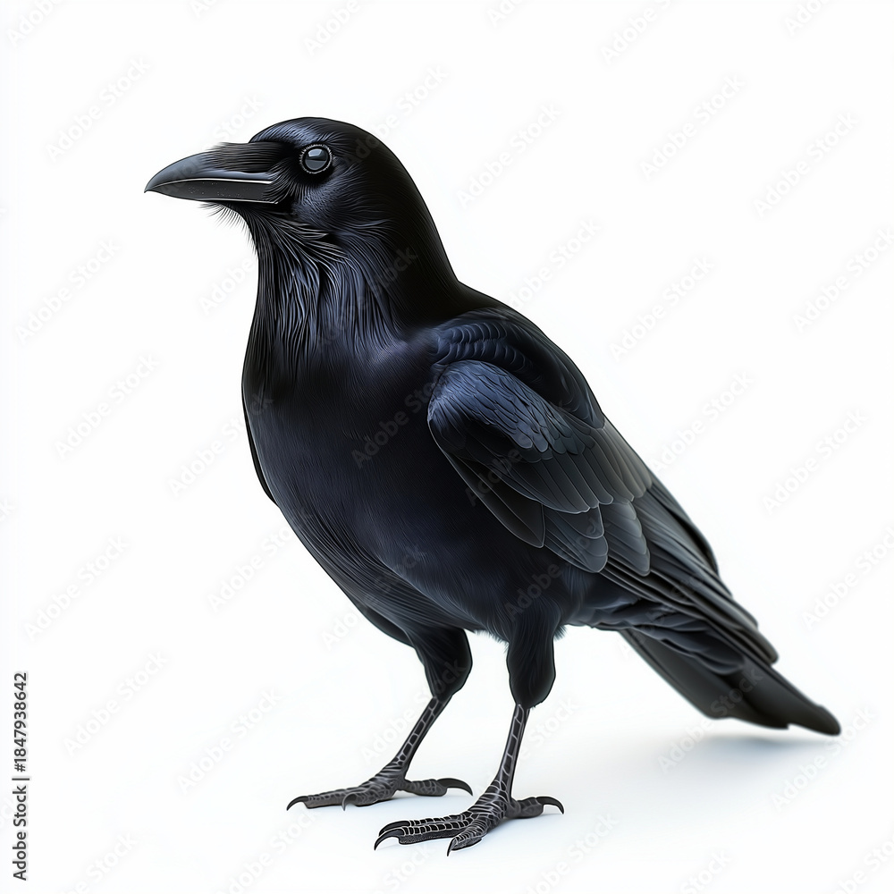 Fototapeta premium Shiny black crow perched on white background with detailed feathers and sharp beak conveying curious mood