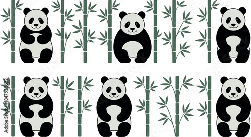 Cute panda bears with bamboo seamless pattern vector illustration on white background