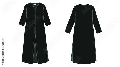Elegant long black dress fashion illustration showing front and back views with simple collar and button closure