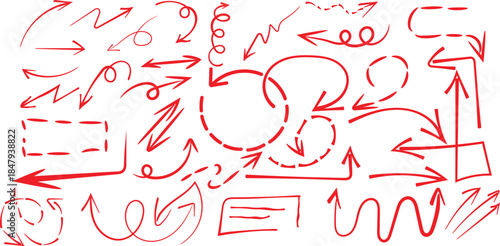 Collection of various hand drawn red arrows doodles and sketchy directional indicators on white background.