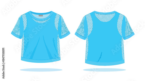 Vibrant blue t-shirt with distinctive patterned sleeves showcased in front and back views