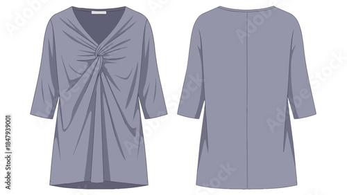 Fashion illustration of a stylish lavender top with a unique twisted knot detail on the neckline and three quarter sleeves from front and back views
