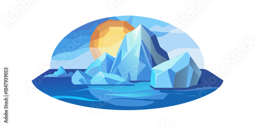 Sunset over melting icebergs