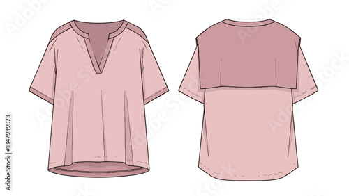Elegant Fashion Design Illustration of a Blush Pink V-Neck Tunic with Overlay Detail Front and Back Views