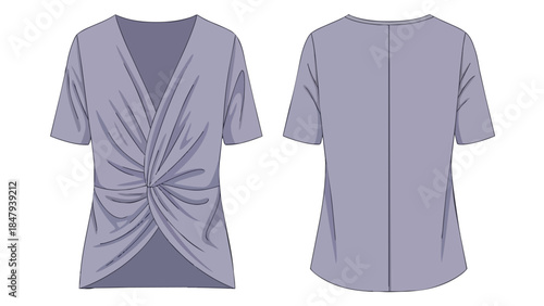 Fashionable lavender short-sleeved blouse featuring a captivating front knot detail and a clean back design