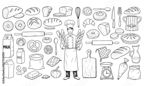 Hand Drawn Bakery Chef Illustration Bread Pastry Food Elements Set for T Shirt and Logo Design