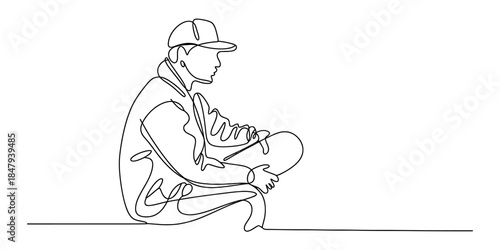 Continuous line drawing of a young man wearing a cap and holding a skateboard while sitting Vector, illustration