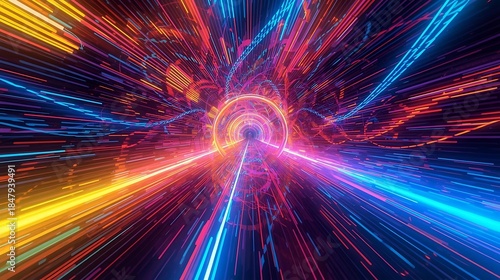 Vibrant Neon Light Tunnel with Streaking Energy Trails.