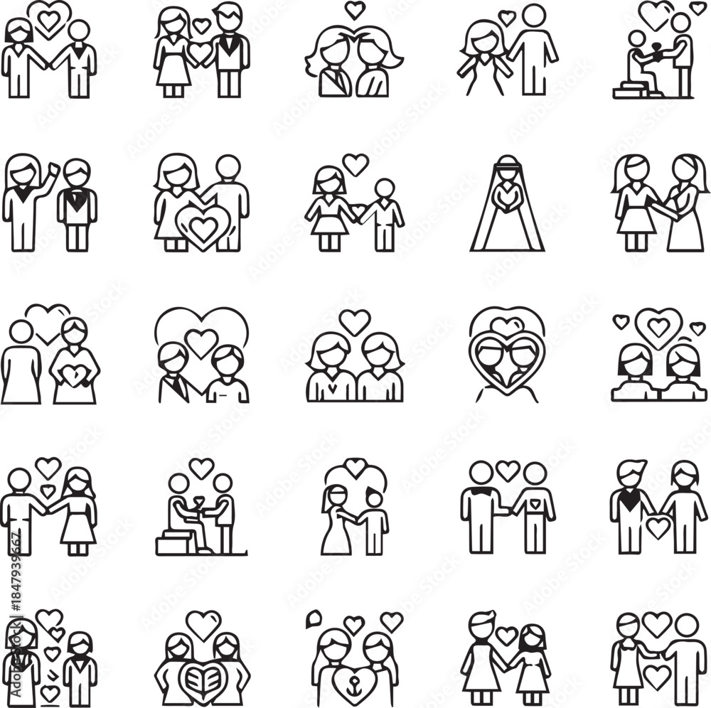 Fototapeta premium Couple Relationship Line Icons Minimal Black White Vector 