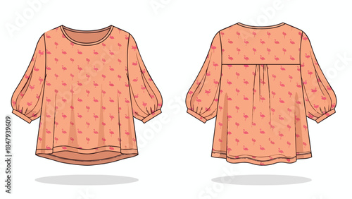 Whimsical flamingo patterned blouse with voluminous sleeves and a charming design