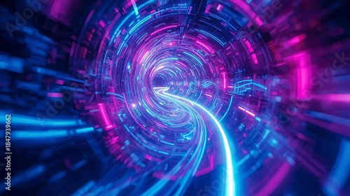 Abstract Neon Tunnel with Glowing Blue and Pink Lights.