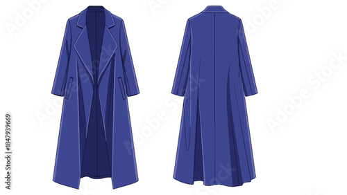 Elegant long blue coat design with front and back views showcasing classic tailored silhouette and sharp lapels