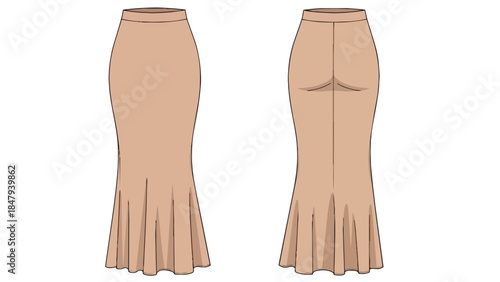 Elegant beige mermaid silhouette skirt presented front and back, showcasing detailed pleating at the hem for a sophisticated, flowing appearance