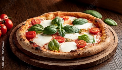 pizza topped with mozzarella basil and tomatoes on wood