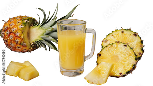 Whole pineapple with sliced pineapple pieces and juice glass transparent background