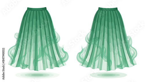 Elegant Pleated Teal Skirt with Flowing Ribbon Embellishments on a White Background.