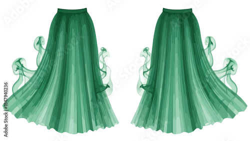 Elegant Emerald Pleated Skirts Artfully Flowing with Ethereal Green Smoke Accents