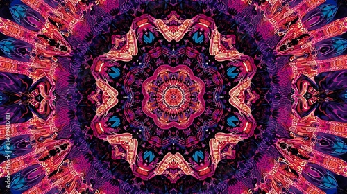 Psychedelic Kaleidoscope Pattern with Intricate Geometric Floral Design in Vibrant Colors.
