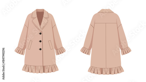 Delicate Ruffled Ensemble a Chic Peach Trench Coat Design for Fashion Forward Apparel Illustrations
