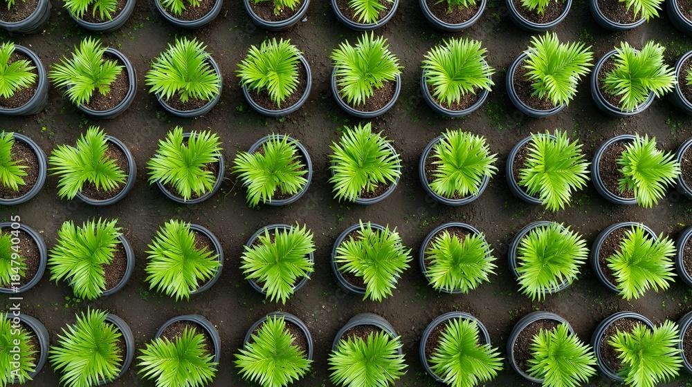 Naklejka premium Overhead perspective of a vast collection of healthy young palm trees in dark pots meticulously organized in uniform rows on the fertile ground of a large scale plant nursery