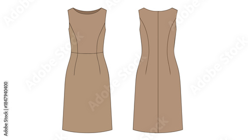 Sleek sleeveless sheath dress front and back fashion illustration showcasing classic tailoring and minimalist design elements