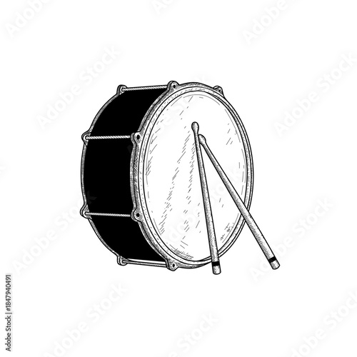 hand drawn bass drum and sticks musical instrument line art vector illustration
