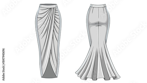 Elegant Fashion Illustrations: Drapey Wrap Skirt and Voluminous Fishtail Skirt Designs