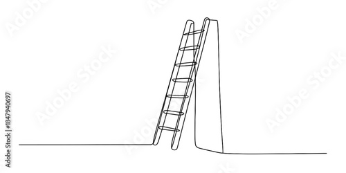 Continuous line art drawing of a ladder leaning against a wall, symbolizing a climb towards success Vector, illustration