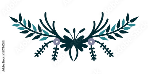 Dark botanical divider with symmetrical foliage in folk style
