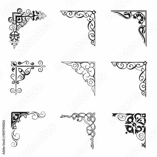 Collection of ornate black corner designs and decorative flourishes for framing