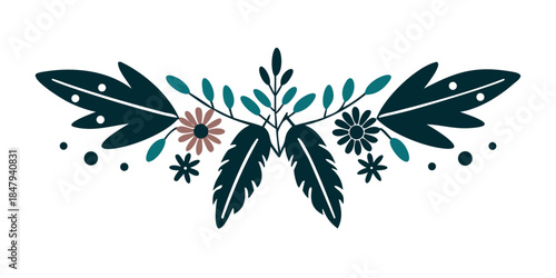Tropical leaf and flower ornament in flat folk style