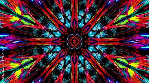 Vibrant Abstract Kaleidoscope Pattern with Radial Symmetry and Neon Colors.