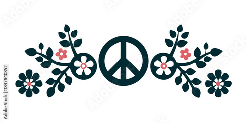 Peace symbol with floral decoration in retro folk style