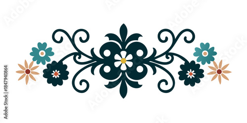 Vintage folk floral divider with symmetrical flower cluster