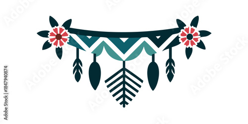Tribal garland ornament with feathers and floral elements