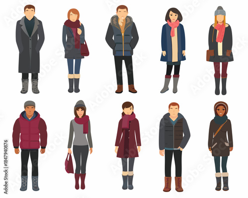 A collection of diverse people wearing warm winter clothing and accessories