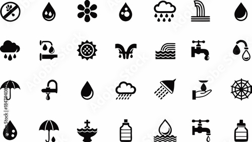 A collection of diverse weather and water related icons in black and white