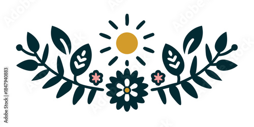 Floral ornament with sun, foliage and symmetrical composition